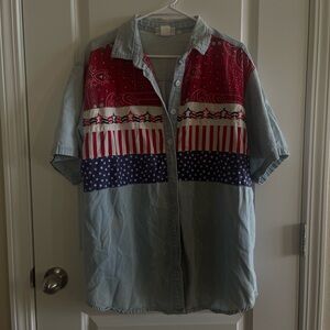 Victoria Jones Woman Red, White, and Blue Button Down Shirt